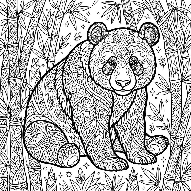 Embark on a relaxing coloring adventure with this intricately designed giant panda amidst a detailed bamboo forest. Perfect for adults seeking a mindful and creative escape with complex patterns.