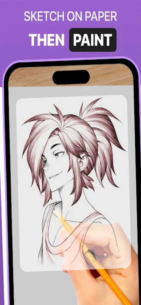 AR Drawing – Trace & Sketch - A person using the AR Drawing app to trace an anime character onto paper with a pencil.