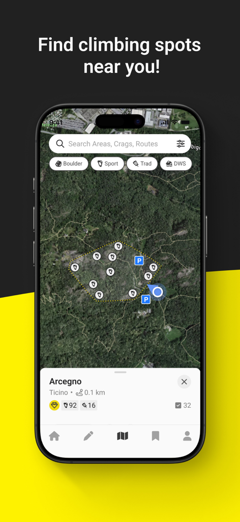 Kartenoberfläche der 27 Crags App mit Kletterstandorten und Routenfiltern