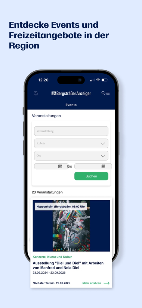 BA News - Tela do aplicativo BA News mostrando filtros de pesquisa de eventos regionais e listas de atividades locais