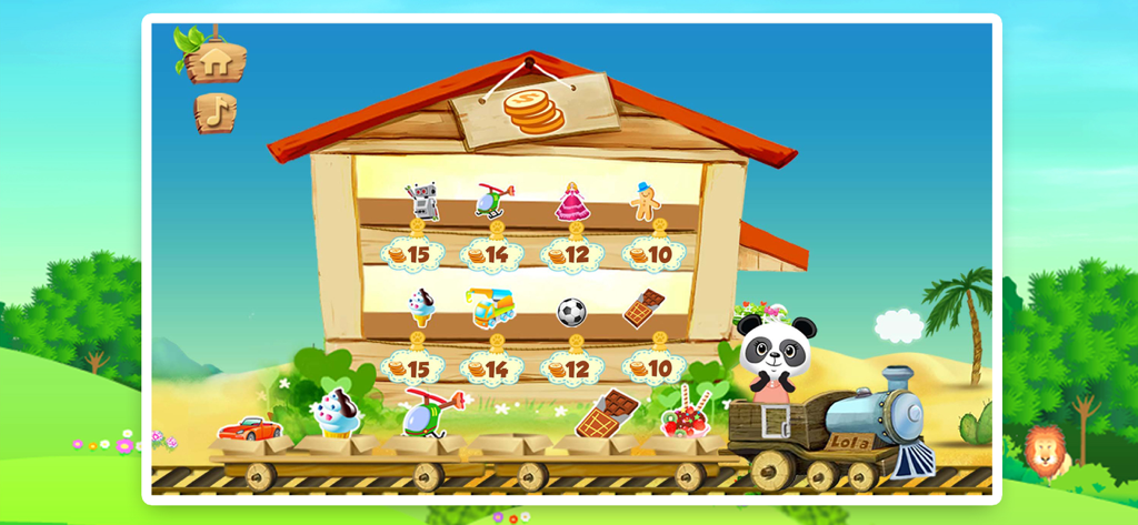Lola's Alphabet Train ABC Game - Lola the panda on a train collecting reward items from a toy shop in an educational game