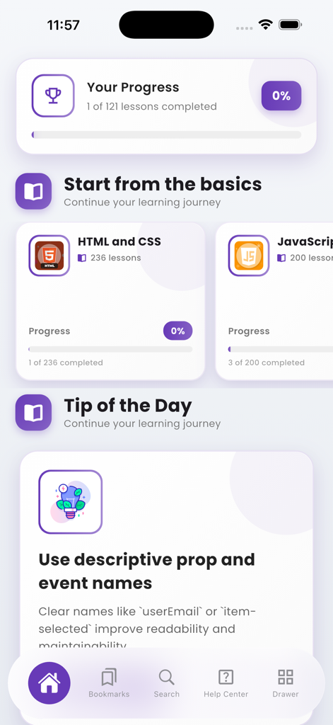 Tela inicial do aplicativo Learn Vue.js com acompanhamento de progresso e lições do roteiro do desenvolvedor.