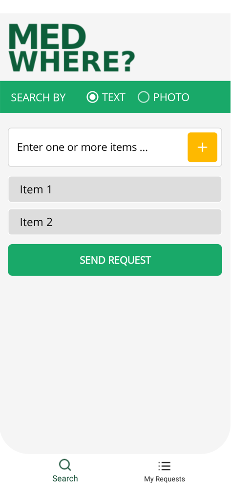 MEDwhere - Oberfläche der MEDwhere-App, die den Suchbildschirm nach Text oder Foto für Apothekenartikel zeigt