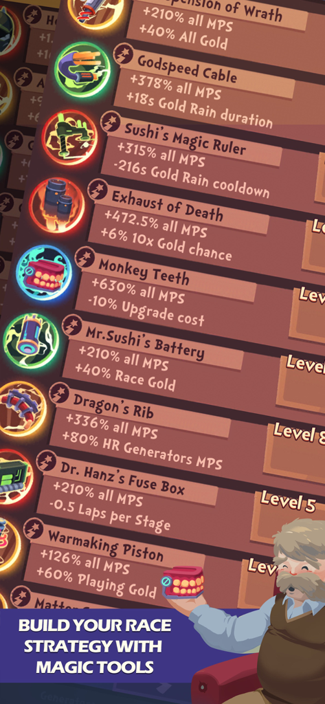 Clicker Racing - A menu of Magic Tools in Clicker Racing showing various item upgrades and performance bonuses