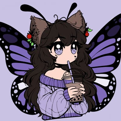 a realistic butterfly/furry girl drinking boba