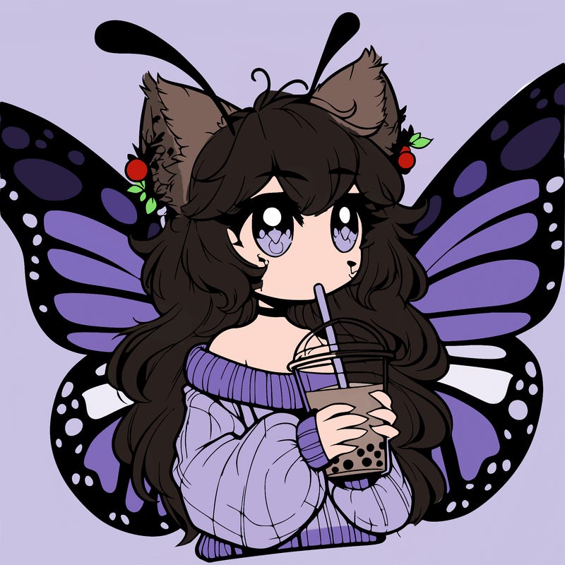 a realistic butterfly/furry girl drinking boba