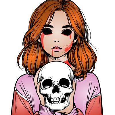 realistic girl holding a skull