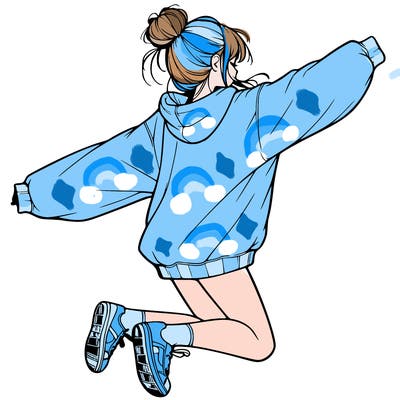 realistic girl jumping with a bun and oversized sweatshirt