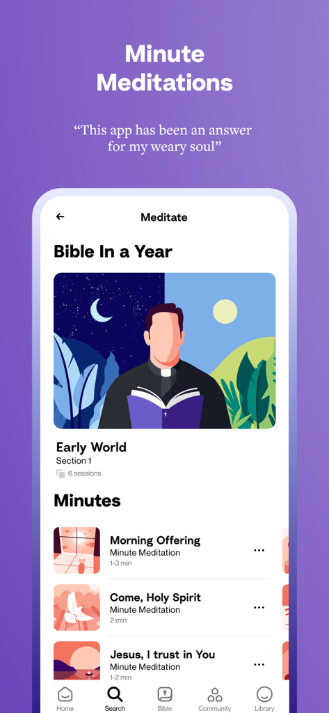 Schermata dell'app Hallow che mostra meditazioni di pochi minuti e sessioni della Bibbia in un anno con l'illustrazione di un sacerdote