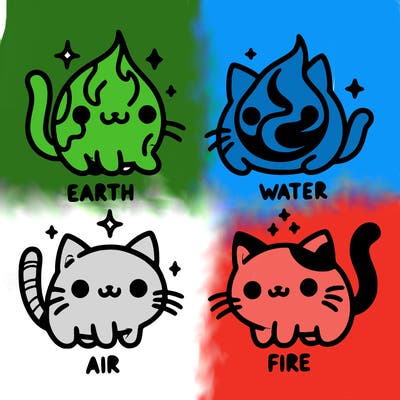 4 cats that represent the different elements, earth, water, air, and fire