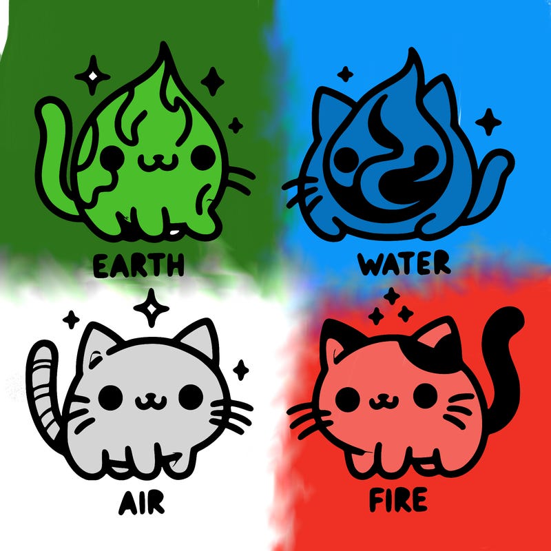 4 cats that represent the different elements, earth, water, air, and fire