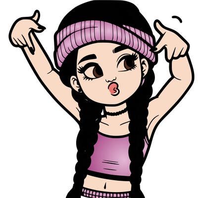 realistic teenage girl with braids and a beanie and crop top doing 🫶🏼