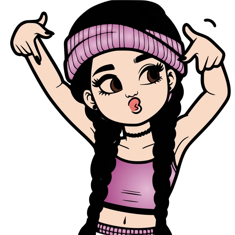 realistic teenage girl with braids and a beanie and crop top doing 🫶🏼