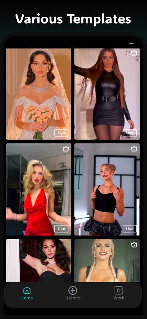A mobile screen showing various glamorous fashion and bridal video templates for AI face swapping