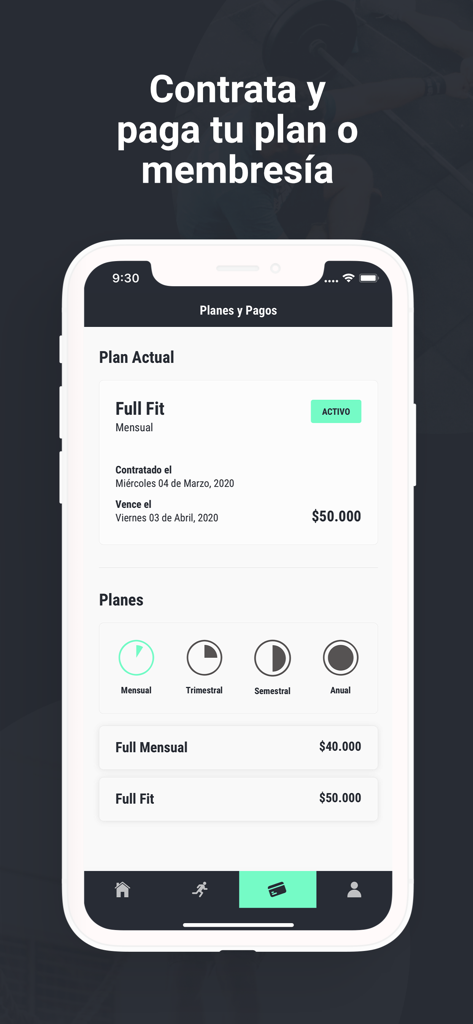 NFIT - NFIT app interface displaying gym membership plans and payment details