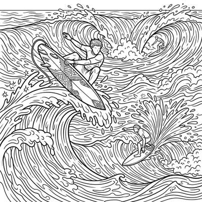 Dive into the excitement of shortboard surfing with this action-packed coloring page. Capture the energy of surfers riding huge waves and performing impressive aerials, perfect for ocean enthusiasts.
