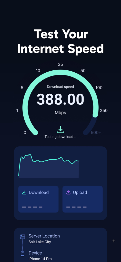Speed Test | HighSpeedInternet - Mobile app interface showing an internet download speed test result of 388 Mbps.