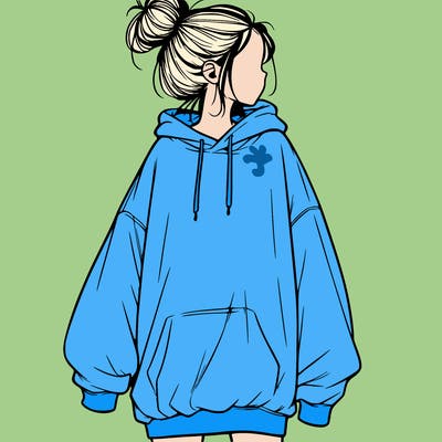 realistic girl with a oversized sweatshirt on and a bun