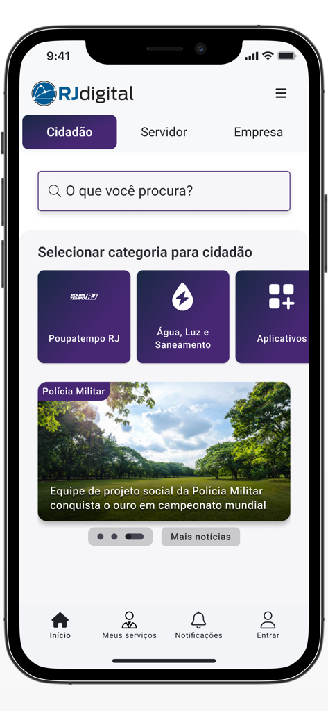 RJ Digital - リオデジャネイロ市民向けの州政府サービスを表示するRJ Digitalアプリのメイン画面