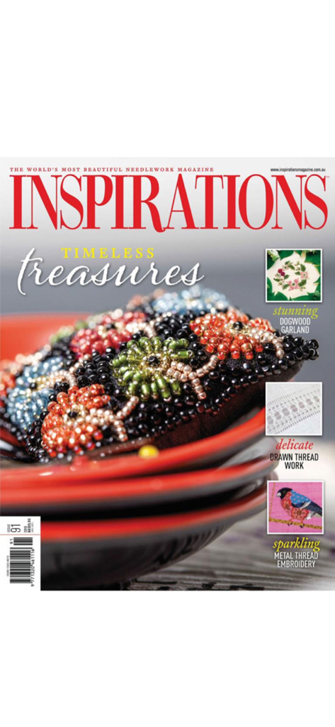 Couverture du magazine Inspirations présentant des projets complexes de broderie perlée et de travaux d'aiguille