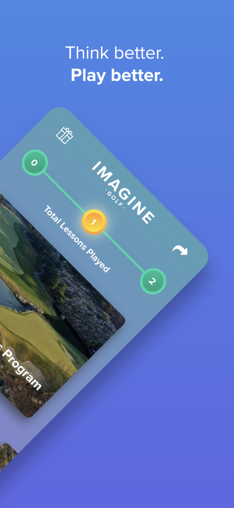 Imagine Golf app screen showing lesson progress and the tagline Think better Play better