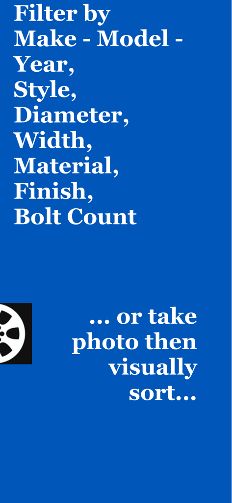WheelSpotter - Fonctionnalités de l'application WheelSpotter montrant des filtres par marque, modèle et année, et un outil de tri visuel par photo