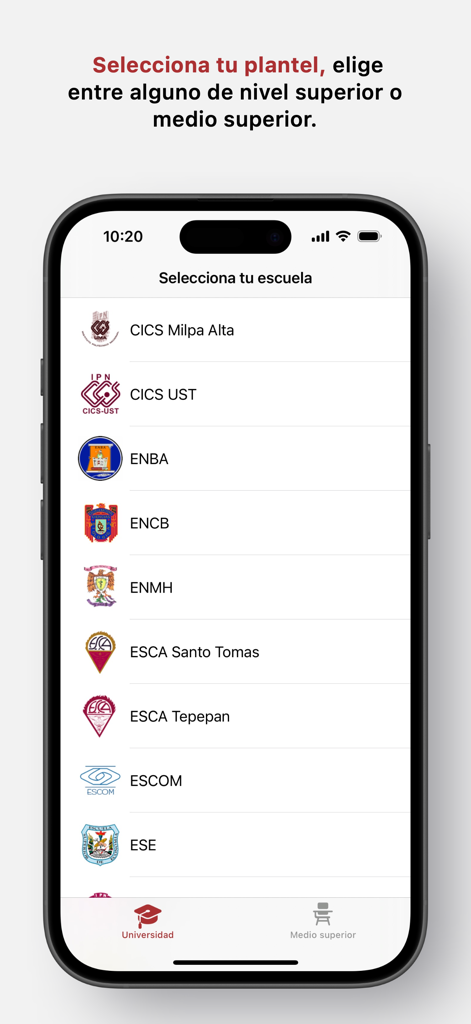 IPNの大学キャンパスのリストを表示し、学生がSAES for Studentsアプリで学校を選択できるモバイルインターフェイス