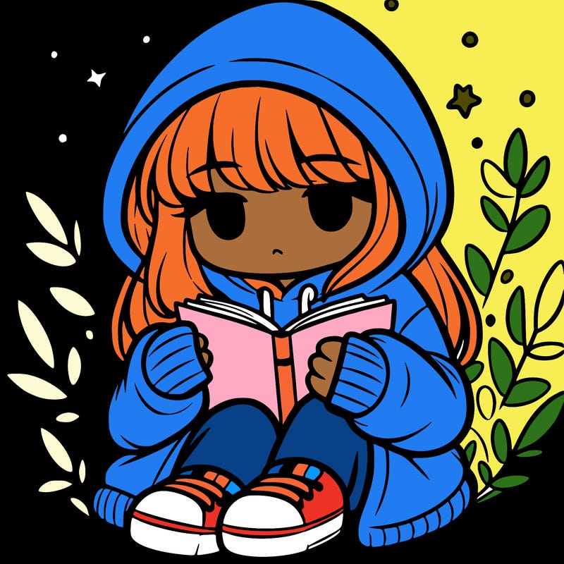 girl in oversized hoodie reading a book