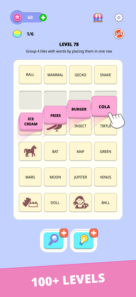Word Merge: Categories - Una captura de pantalla de Word Merge Categories que muestra un nivel donde se están agrupando fichas de palabras como helado y patatas fritas en una categoría de comida rápida.
