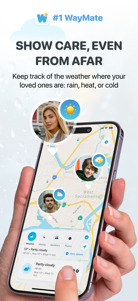 Track Family, Friends: WayMate - WayMate app showing family members' real-time locations and local weather conditions on an interactive map