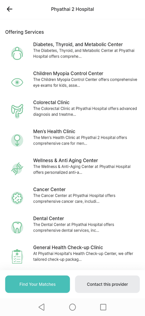 ArokaGO - List of medical and wellness services at Phyathai 2 Hospital including dental and cancer centers