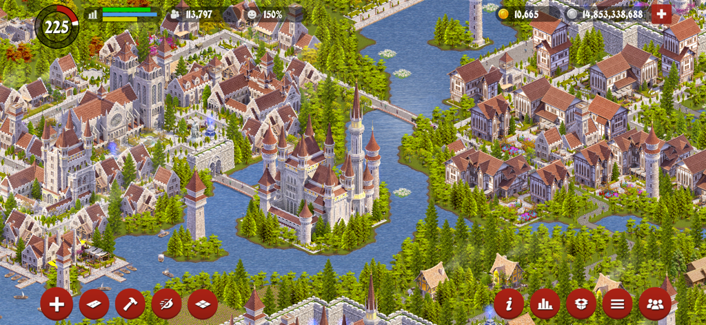 Designer City: Medieval Empire - Isometric view of a detailed medieval city with a central castle and bridges