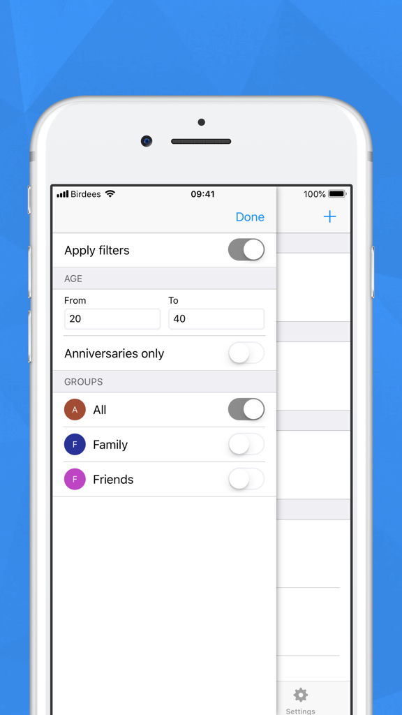 Birdees - Birthday Reminder - Interface of Birdees app showing filters for age range and groups like family and friends