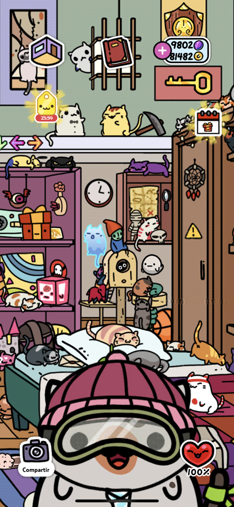 Captura de pantalla de KleptoCats que muestra una habitación llena de gatos adorables y varios tesoros