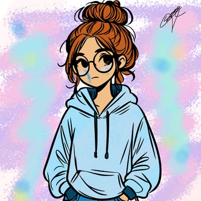 teen girl with a messy bun and glasses wearing a loose hoodie and jeans