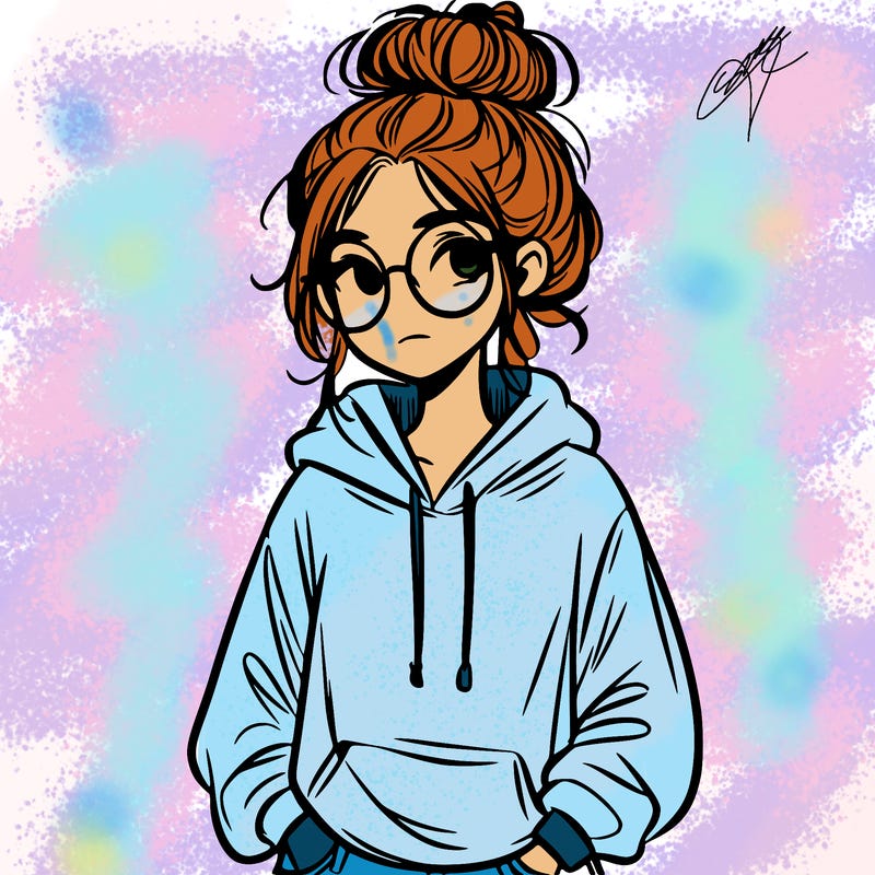 teen girl with a messy bun and glasses wearing a loose hoodie and jeans