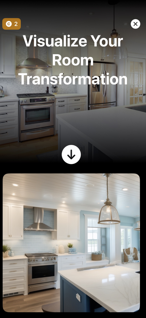Visualização de transformação de design de cozinha usando planejador de layout com IA