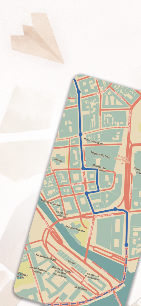 A detailed map interface showing a blue walking route for a self-guided story tour through the streets of Copenhagen