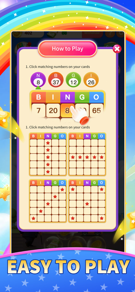 Millionaire Game - Bingo - Pantalla tutorial de Millionaire Game Bingo que muestra cómo emparejar números en múltiples tableros