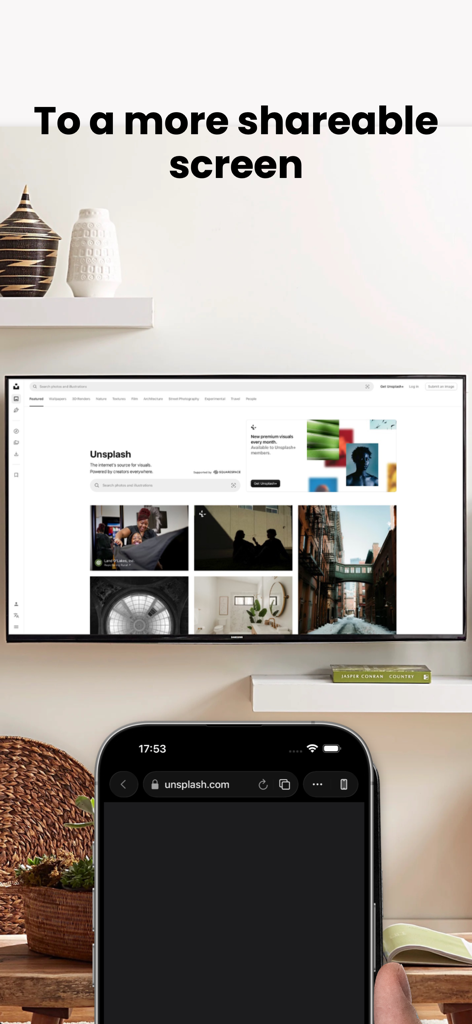 AirWeb - TV Web Browser - Ein iPhone wird als Trackpad verwendet, um im Web auf einem großen Fernsehbildschirm zu surfen.