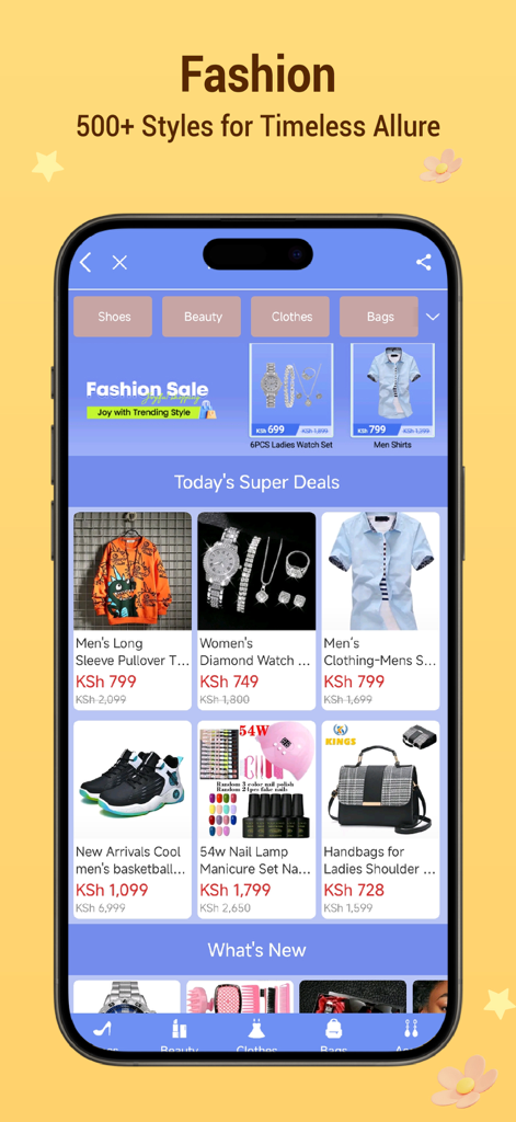 Kilimall - Affordable Shopping - Kilimall app screen displaying fashion categories and super deals on clothing and accessories