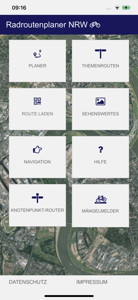 Radroutenplaner NRW mobil - Interface du menu principal de l'application mobile Radroutenplaner NRW pour les itinéraires cyclables
