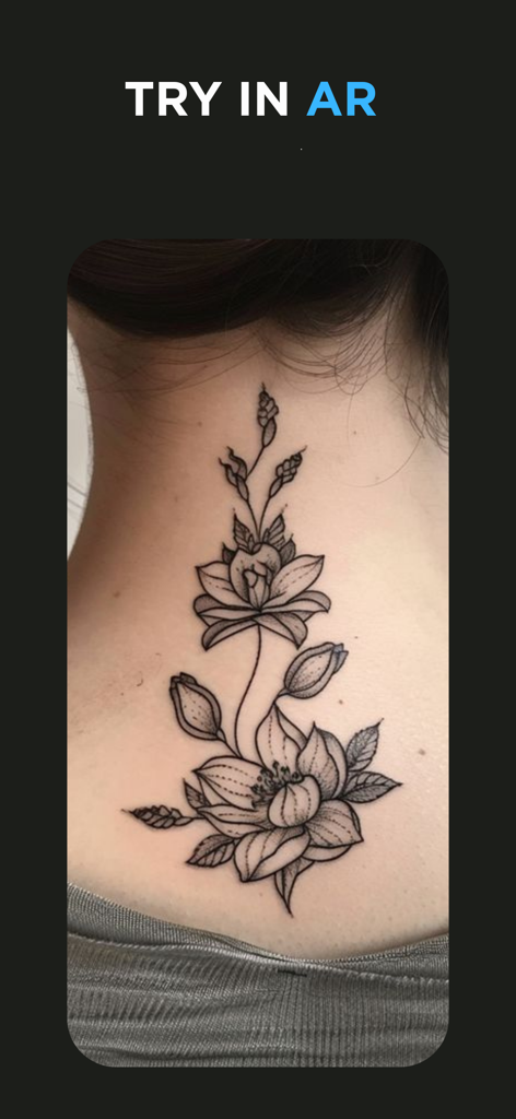 Tattoo AI: Generator & Design - ARテクノロジーを使用して、首の人物にプレビューされた花のタトゥーデザイン。