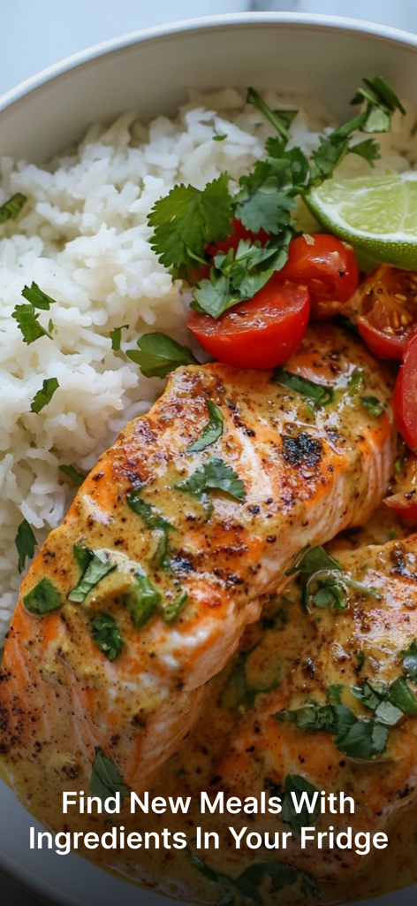 Cooksy - AI Recipe Generator - Cooksy AIレシピジェネレーターが提案した、ご飯とトマト添えの美味しい調理済みサーモン料理