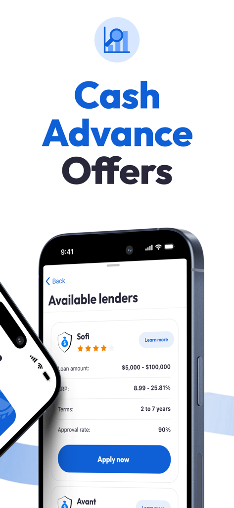 Quick Cash Advance Loan: Akaly - Interfaz de la aplicación móvil que muestra las ofertas de préstamos de avance de efectivo disponibles y los detalles del prestamista para comparar.