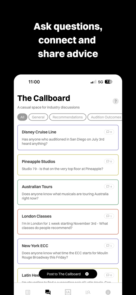 Industry Auditions - Il forum della community Callboard nell'app Industry Auditions dove i performer pongono domande e condividono consigli del settore.