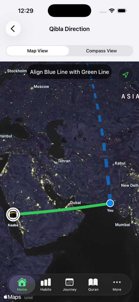 Ramadan Planner: Track & Pray - A smartphone screenshot of the Qibla direction feature in the Ramadan Planner app showing a satellite map view with a directional line pointing towards the Kaaba.