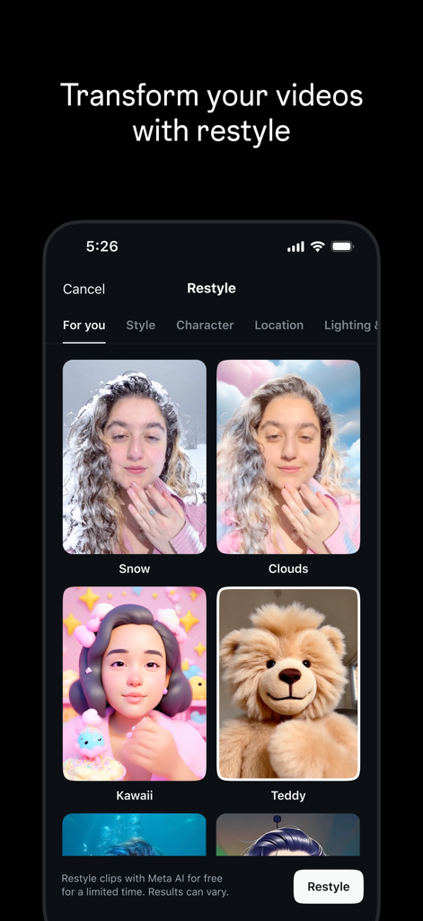 Interface do aplicativo editor de vídeo Edits mostrando filtros de reformulação Meta AI para clipes de vídeo incluindo estilos de neve e kawaii
