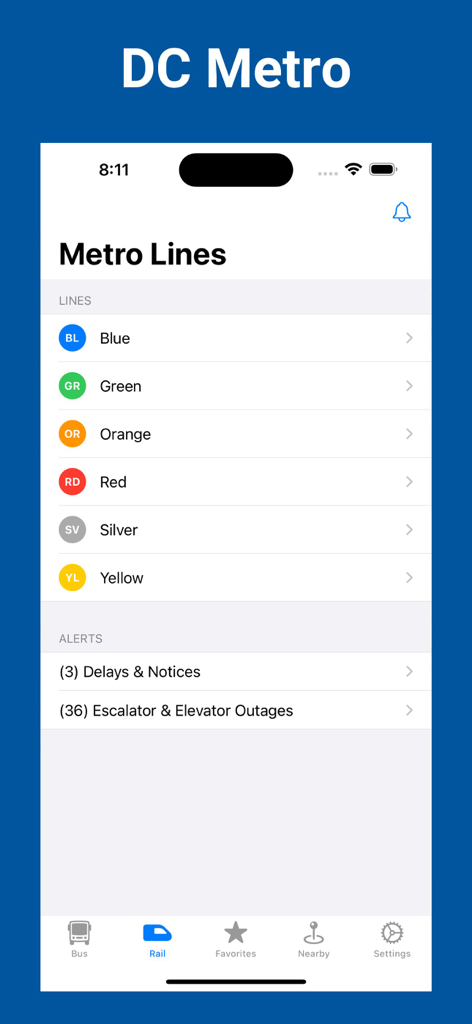 DC Metro & Bus – Schedules - DC Metro 앱의 지하철 노선 및 지연, 엘리베이터 장애를 포함한 서비스 알림 목록을 보여주는 스크린샷