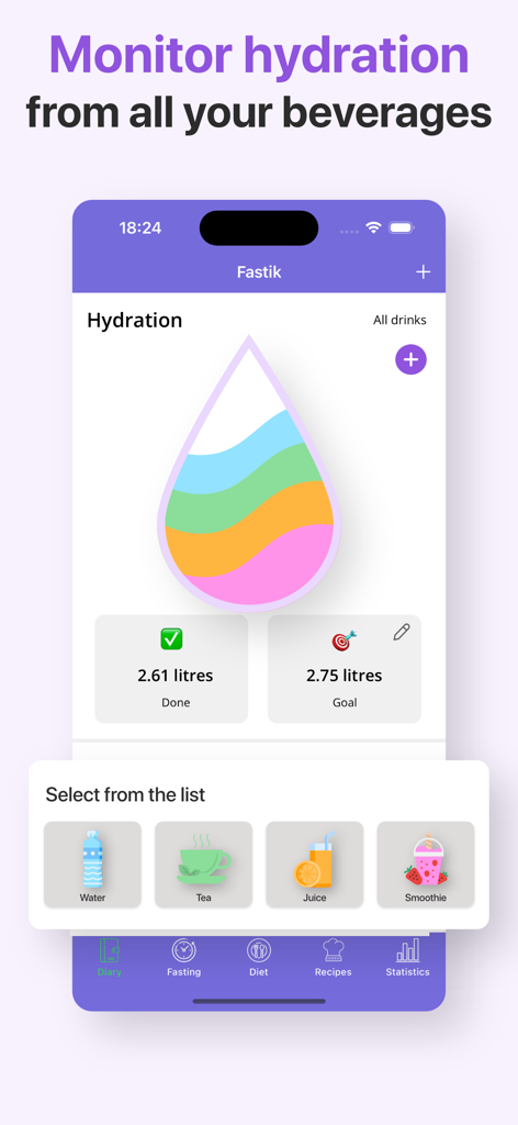 Intermittent Fasting - Fastik - Interfaz de la aplicación Fastik para monitorear la hidratación y rastrear el objetivo de ingesta diaria de agua